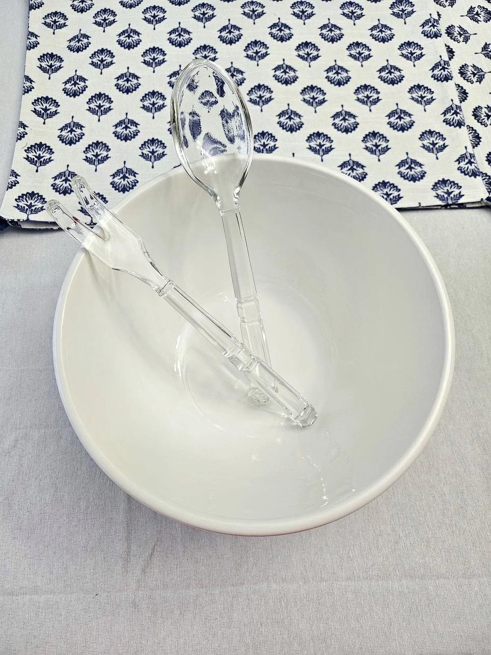 VINTAGE Clear Glass Salad Serving Set Spoon & Fork Ribbed Handle 1960s